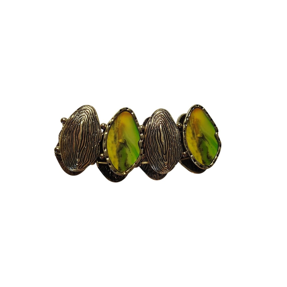 Vintage Style Chunky Stretch‎ Cuff Bracelet Green Marbled Resin Gold Tone Metal